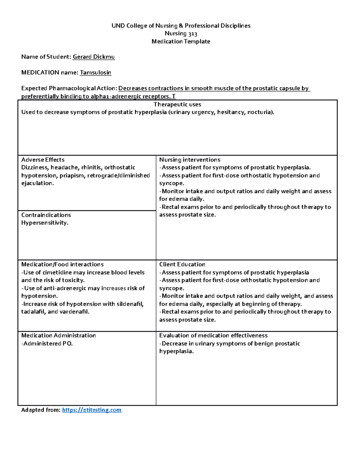 NURS 313 Medication Template: Tamsulosin Overview and Nursing Care - Studocu