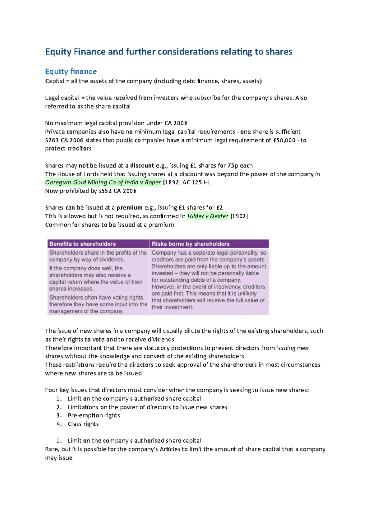 Equity Finance - Lecture Notes for PGDL Workshop 7 on Share Issuance ...
