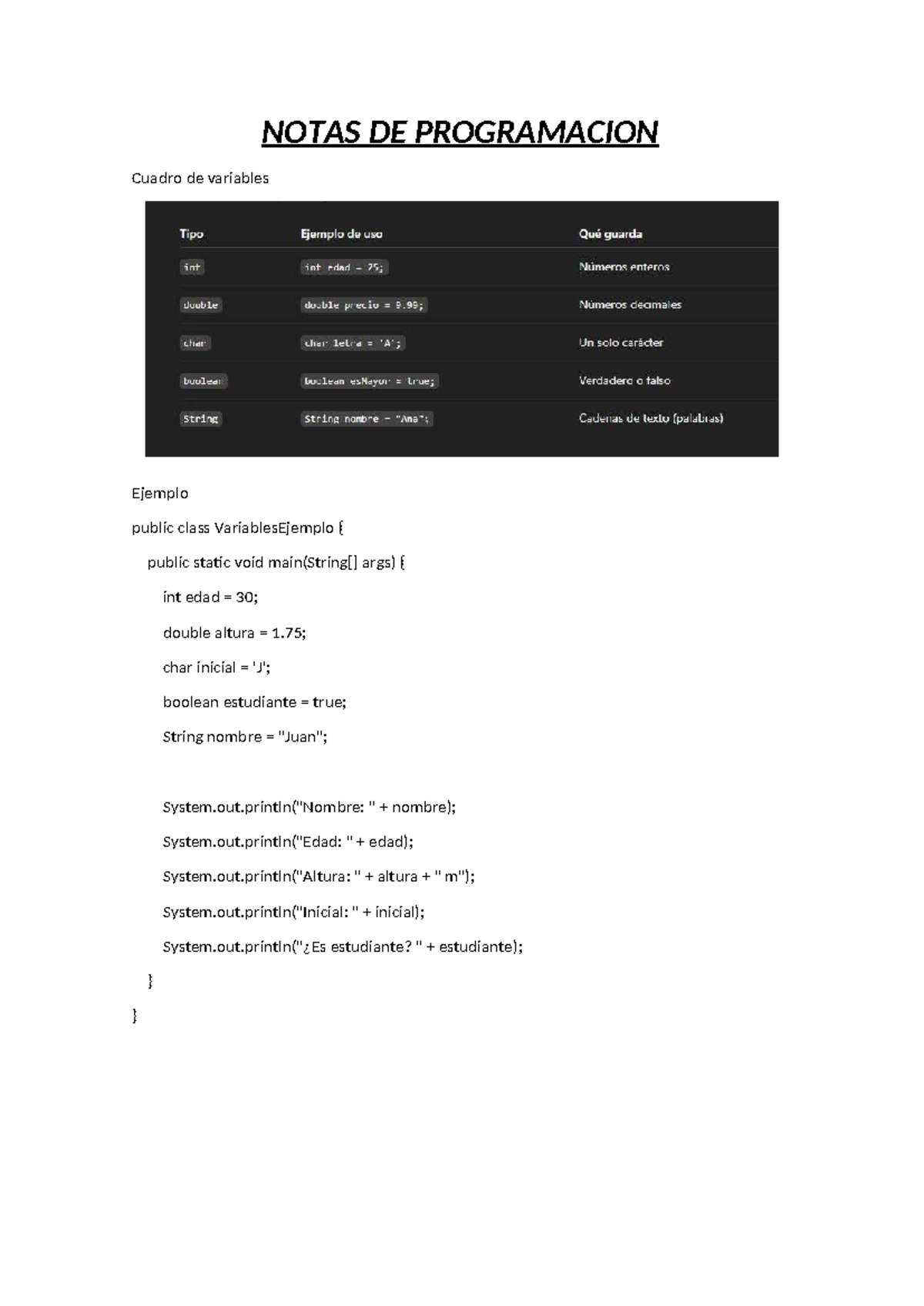 Notas para curso basico de Java - NOTAS DE PROGRAMACION Cuadro de ...
