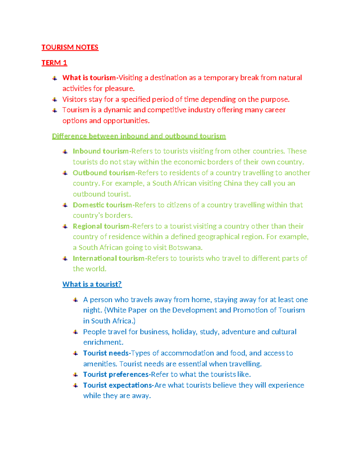 TOURISM NOTES TERM 1: Understanding Destinations and Tourist Types ...