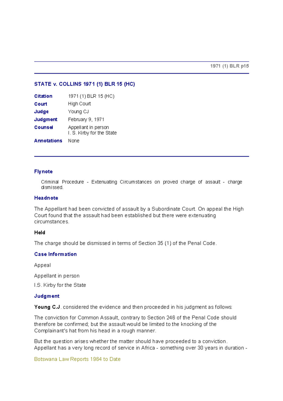 State v. Collins: 1971 (1) BLR 15 - High Court Judgment Analysis - Studocu