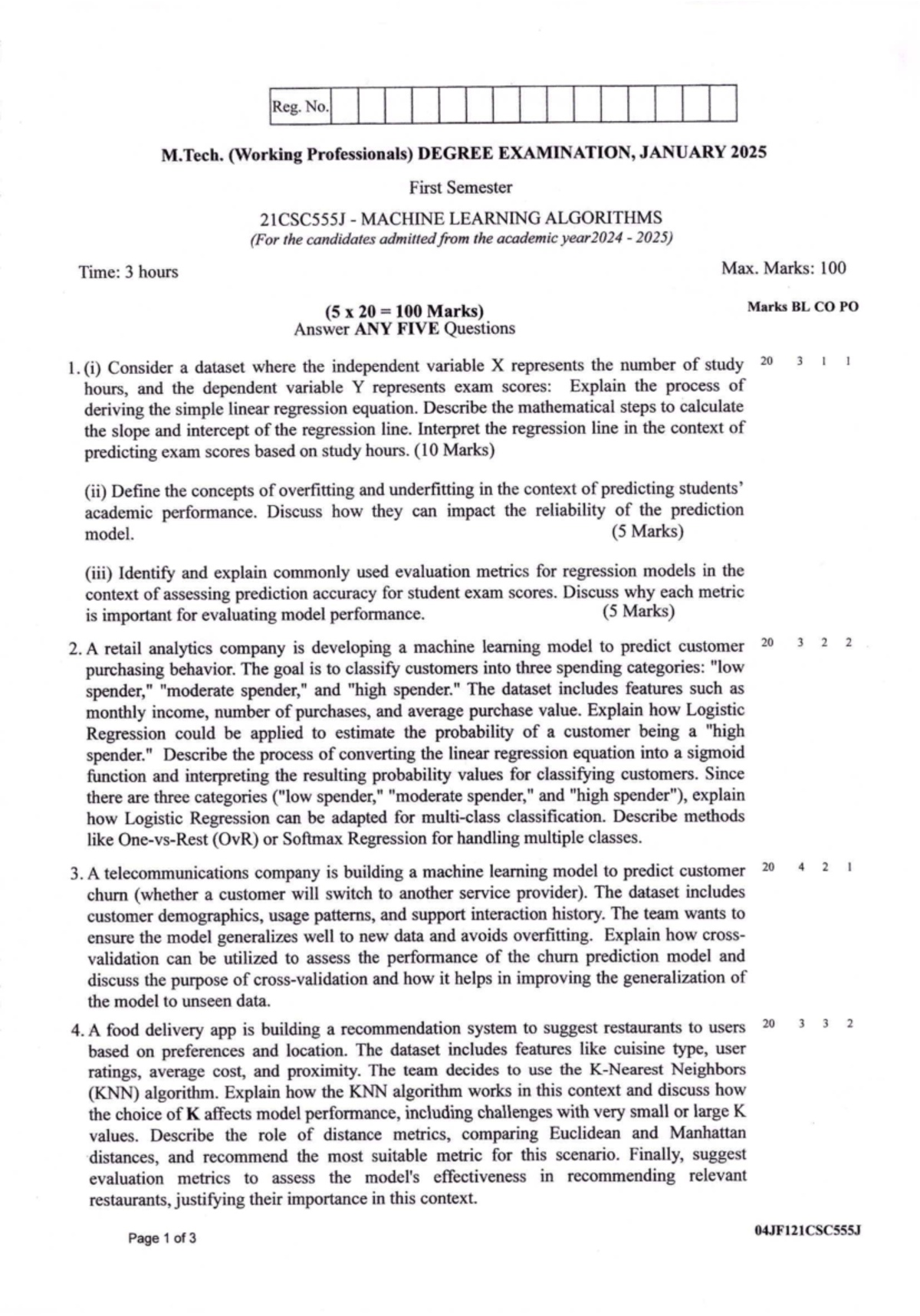 M.Tech. Machine Learning Algorithms Exam Paper - Jan 2025 - Studocu