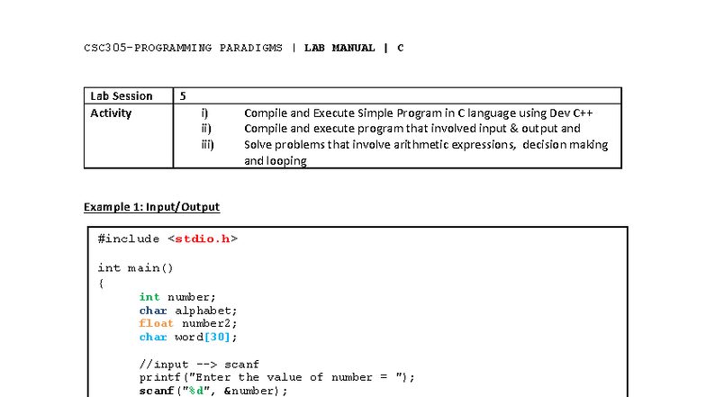 C Lab Manual: Session 1 Exercises on Program Compilation and Execution ...