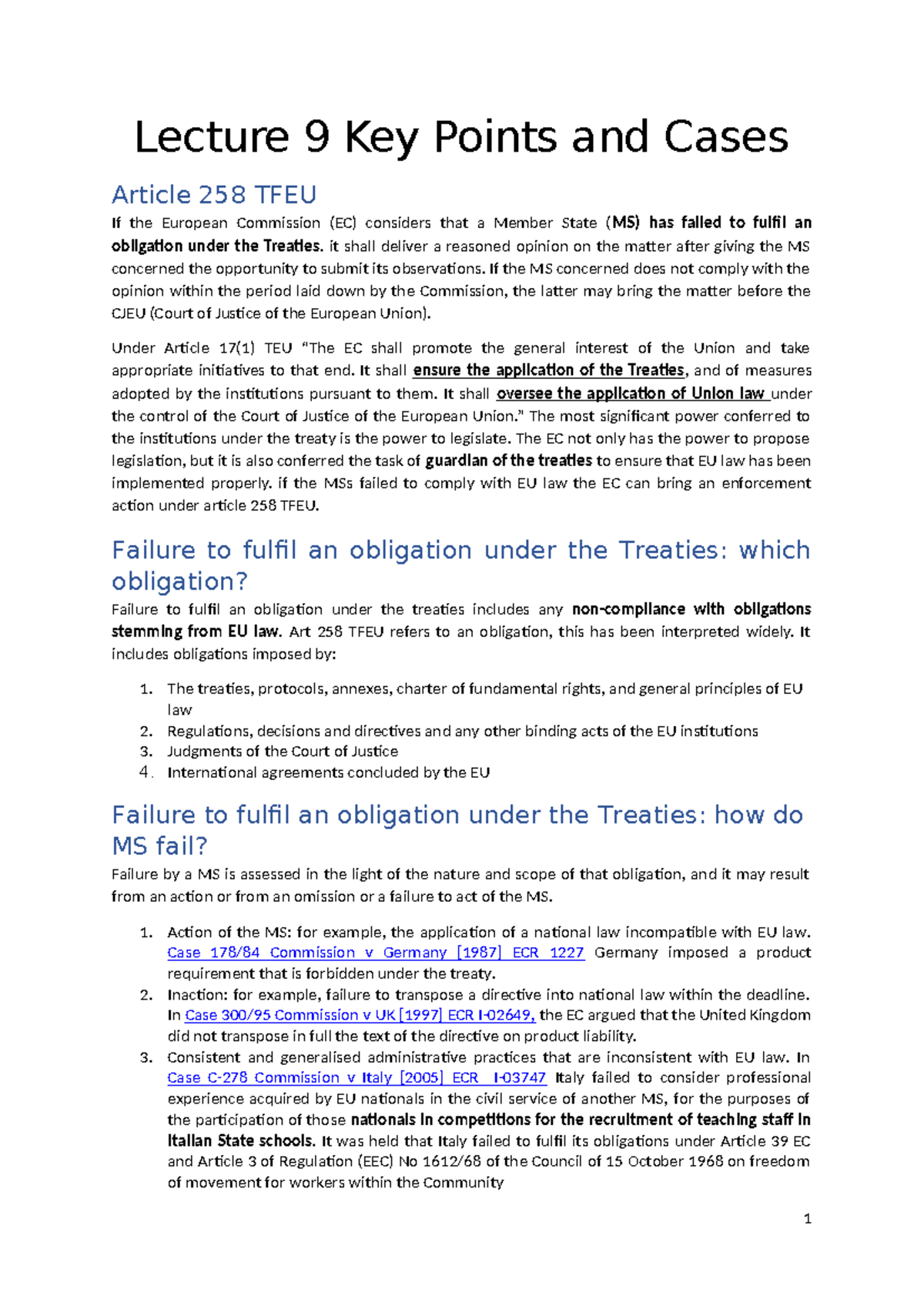 Lecture 9: Key Points on Article 258 TFEU & Infringement Procedures ...