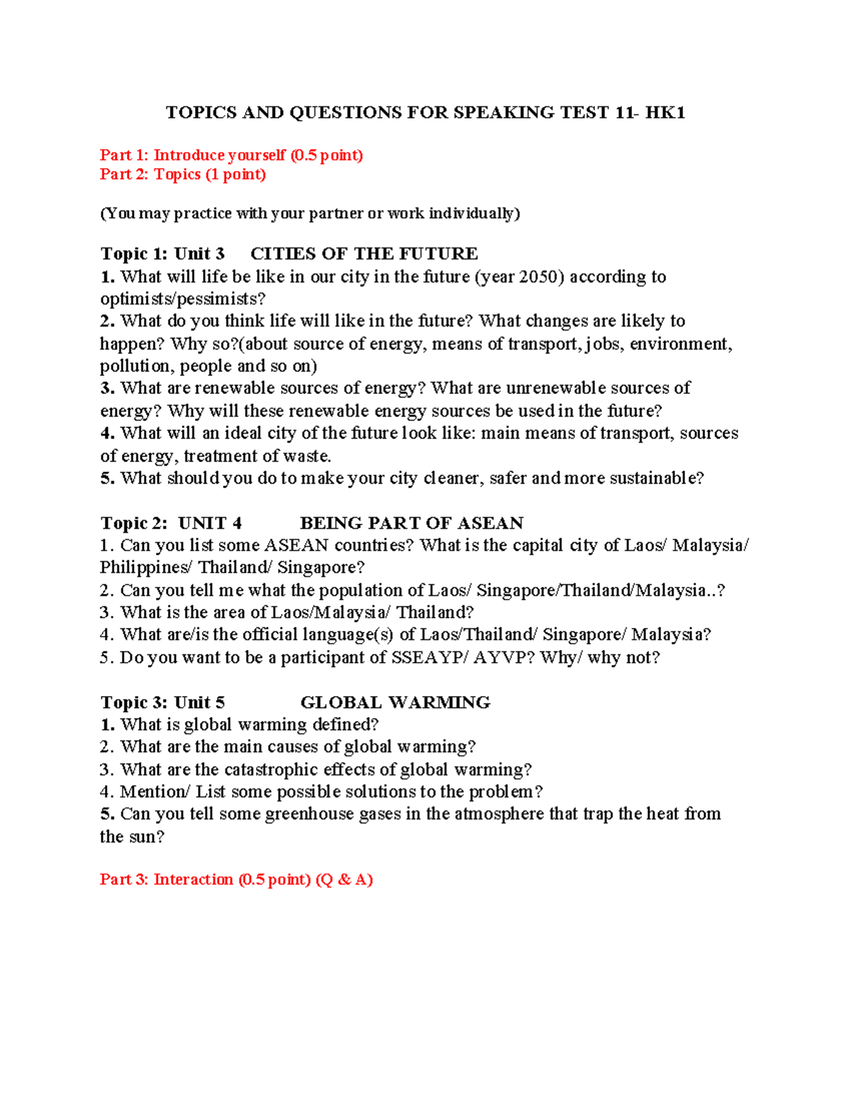 HK1 Speaking Test: Topics & Questions for Practice - Studocu