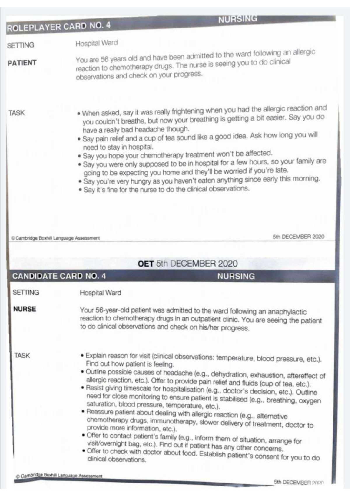 732770040 OET Speaking Cards: Nursing Scenarios & Guidelines - Studocu