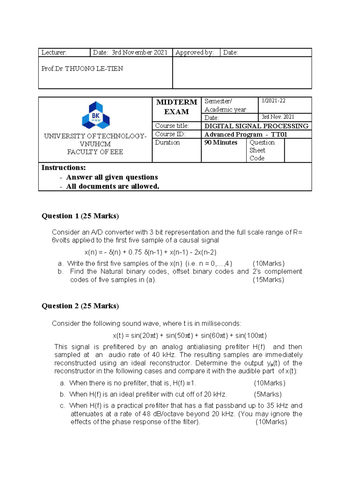 DIGITAL SIGNAL PROCESSING TT01 MIDTERM EXAM 3 NOV 2021 - Studocu