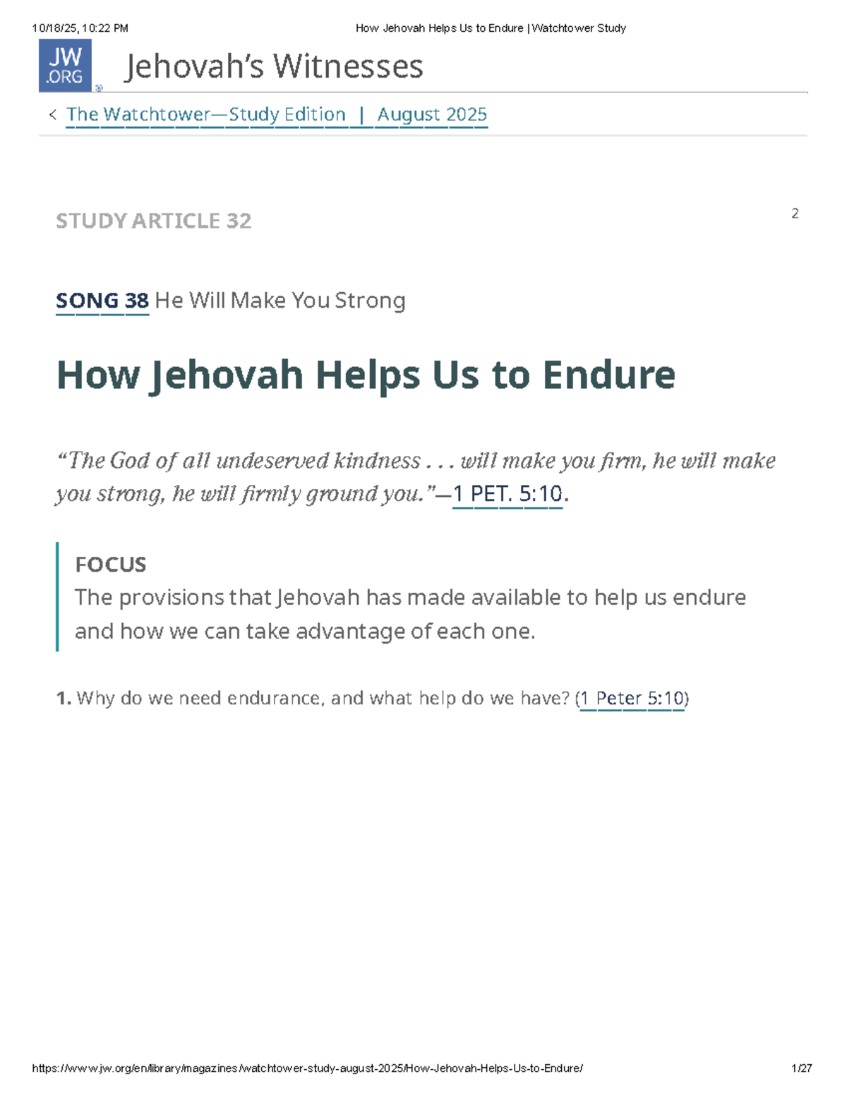 How Jehovah Helps Us to Endure: Watchtower Study Article 32 - Studocu