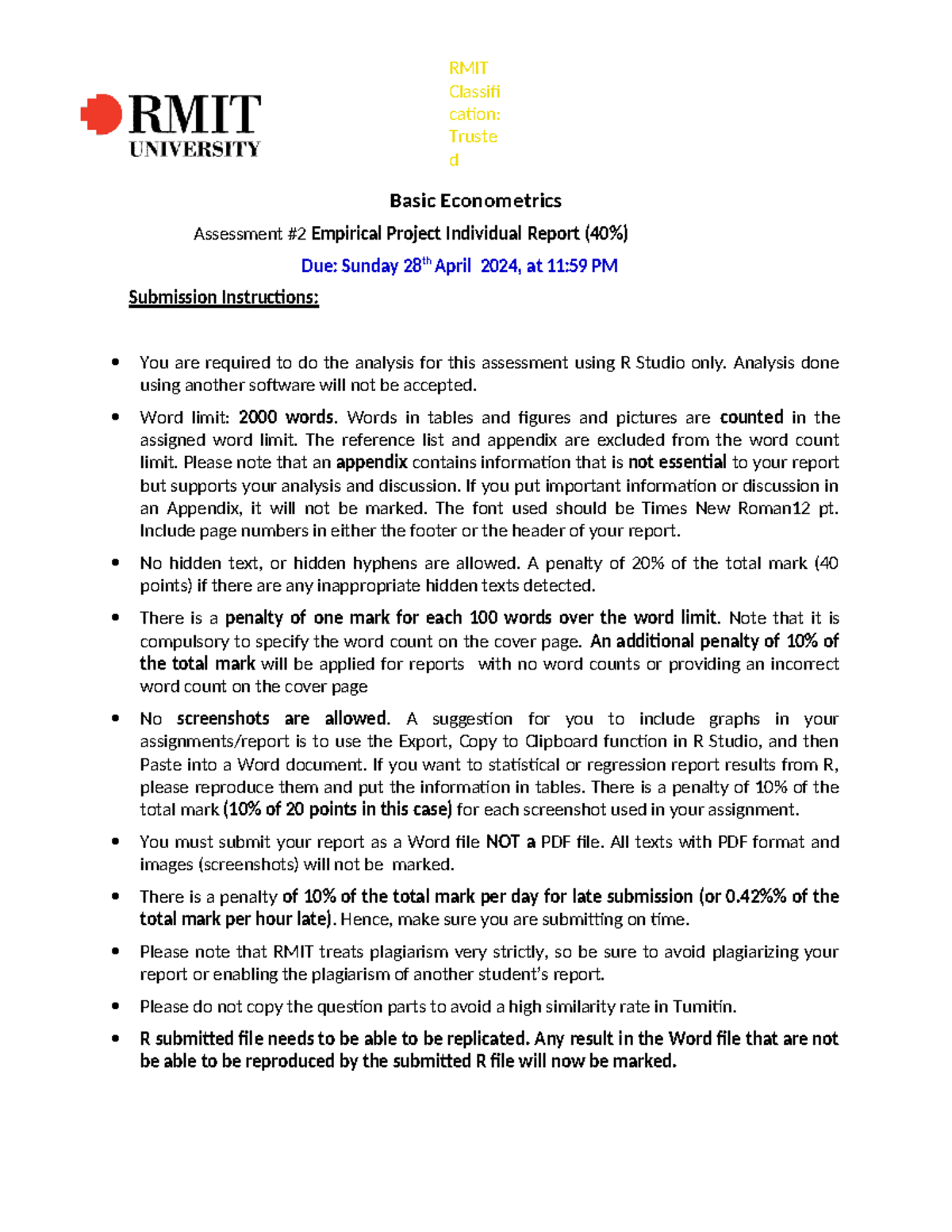 RMIT BE A2 S12024 Final Assessment: Econometrics Empirical Project ...