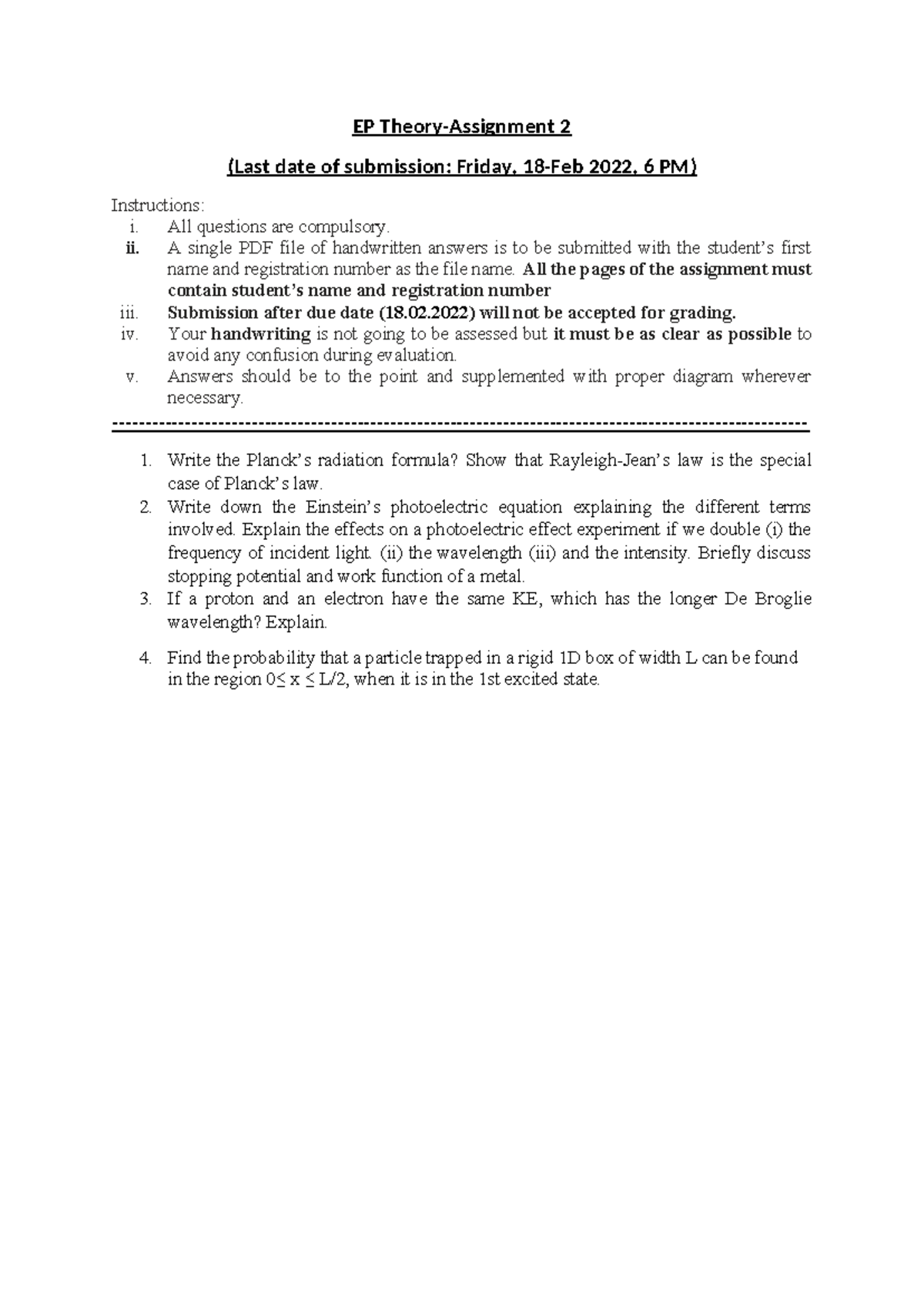 EP Theory - Assignment 2 (Due: 18-Feb 2022) - Studocu