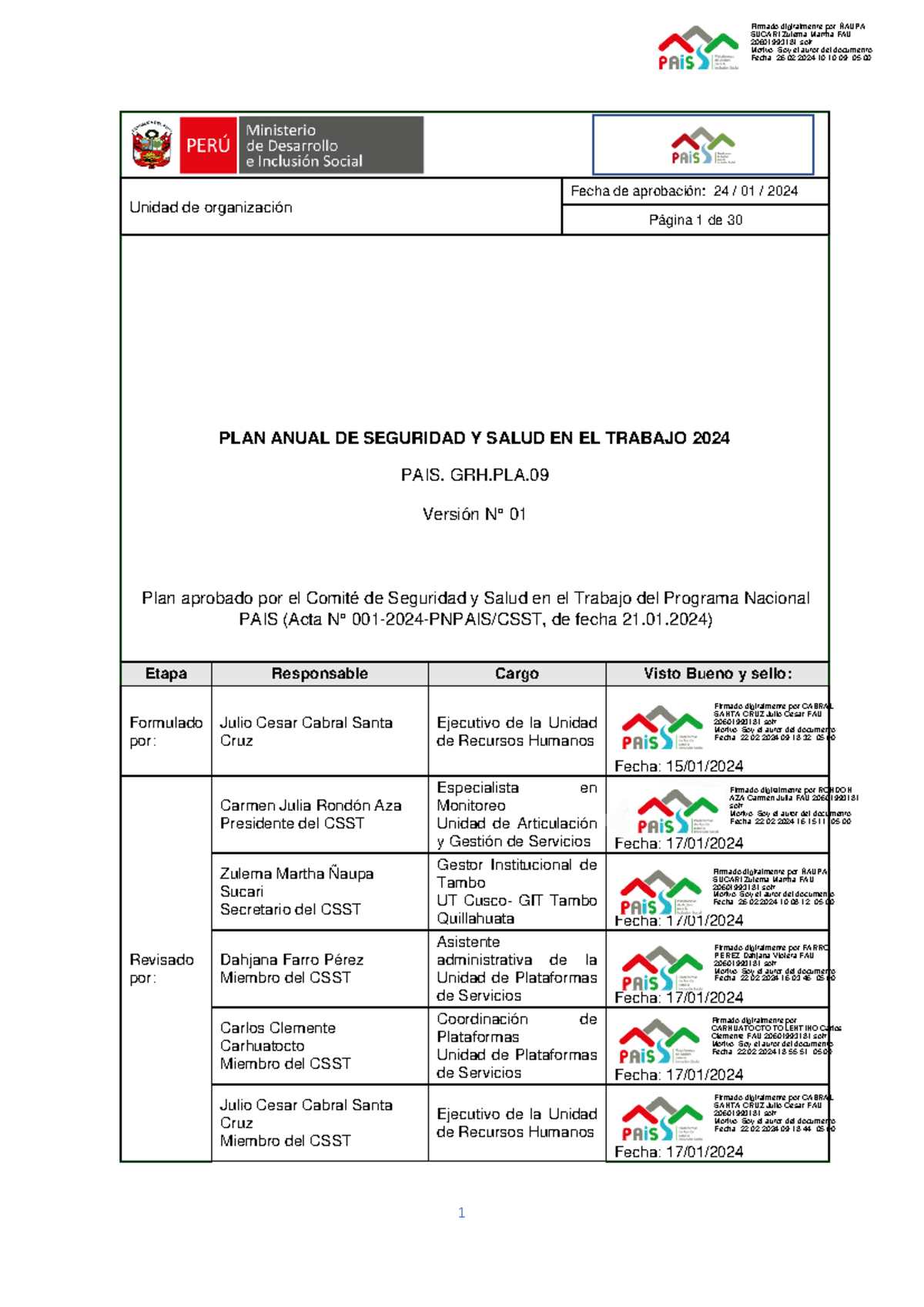 5325889 plan de seguridad y salud en el trabajo 2024 - Unidad de ...
