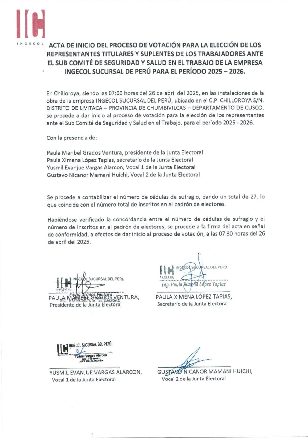 ACTA DE INICIO DEL PROCESO DE VOTACIÓN INGECOL 2025-2026 - Studocu