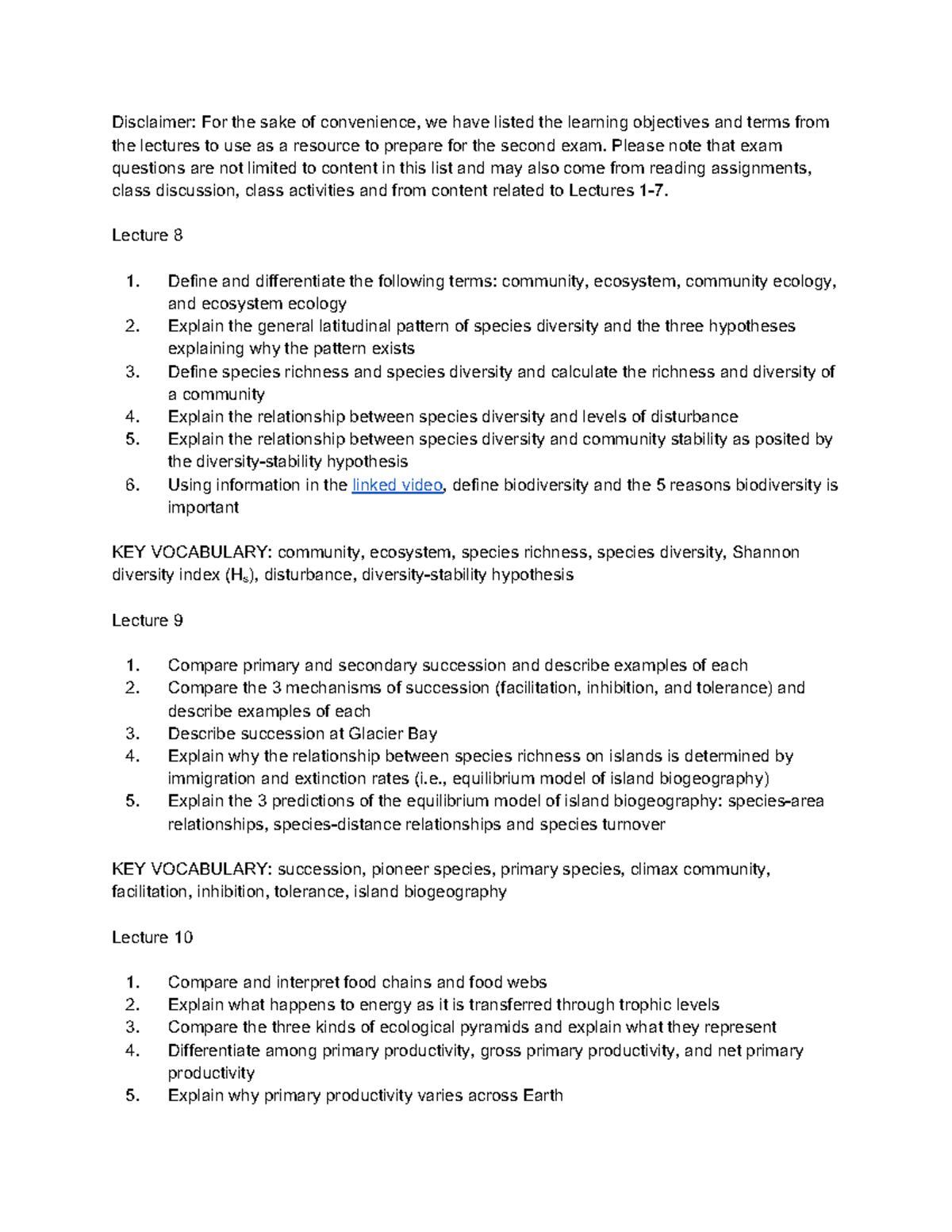 Exam 2 Learning Objectives and Key Vocabulary for Ecology ...