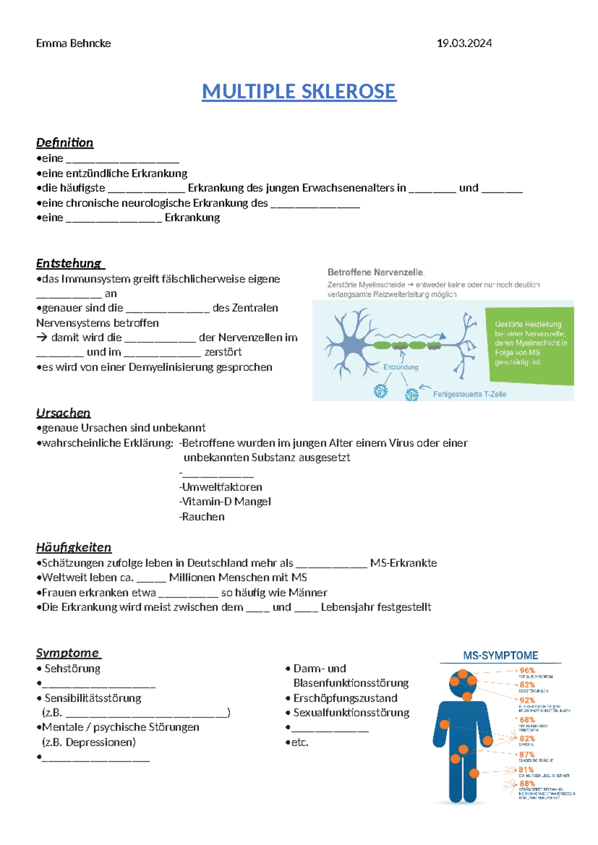 Multiple Sklerose: Übersicht und Ursachen – Handout for MS Study - Studocu