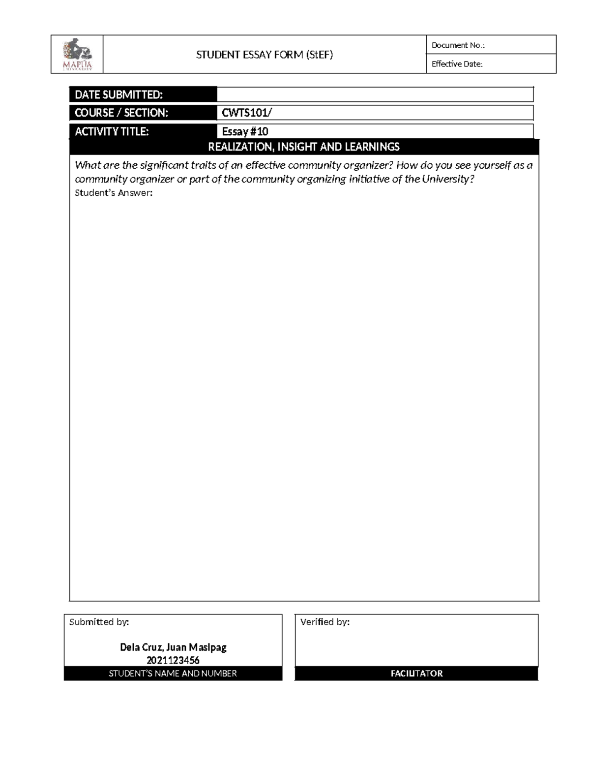10-CWTS001-St EF-Community and Community Organizing - STUDENT ESSAY ...