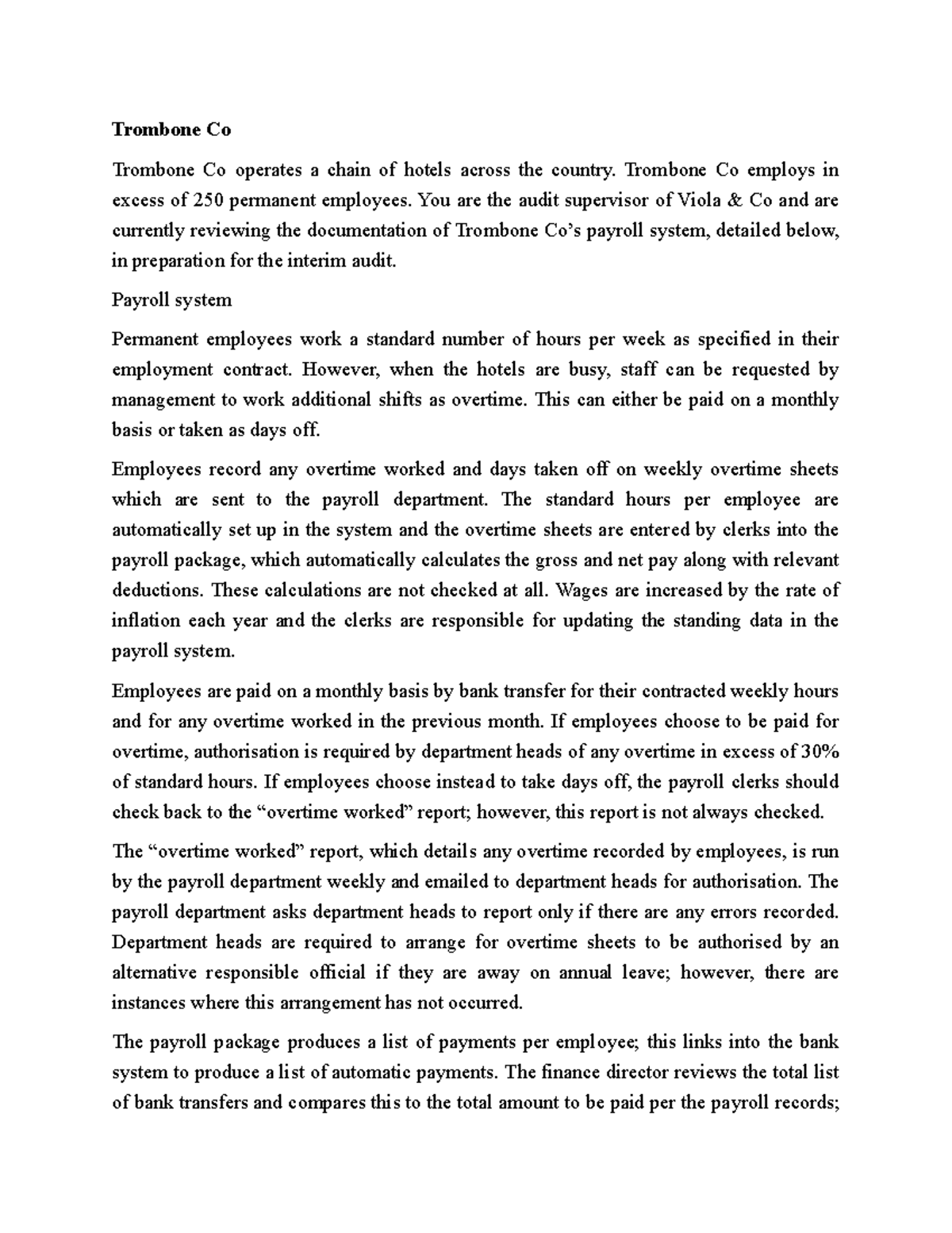Case Study 3 - Trombone Co Payroll System Audit Review - Studocu