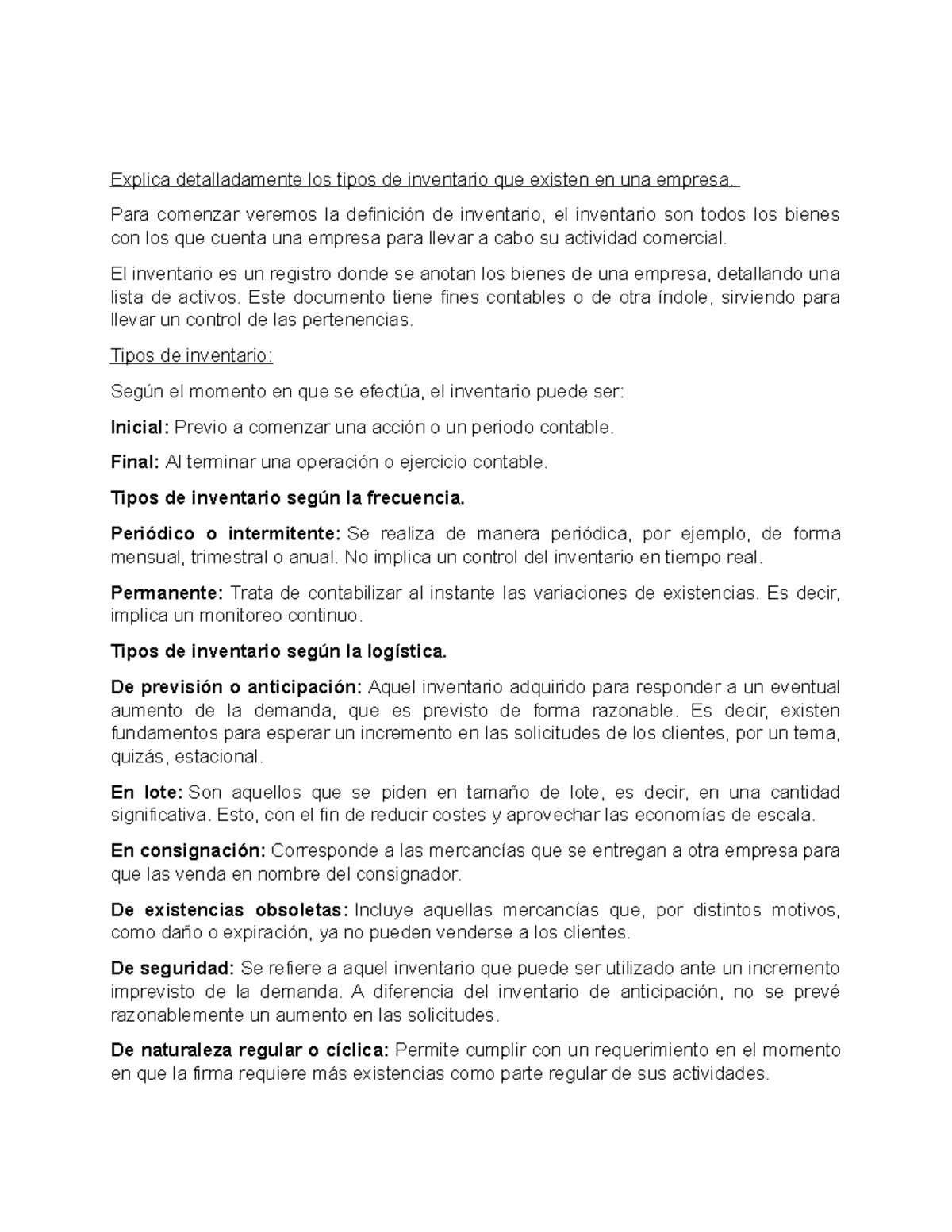 Tipos de Inventario en Empresas: Definición y Clasificación - Studocu