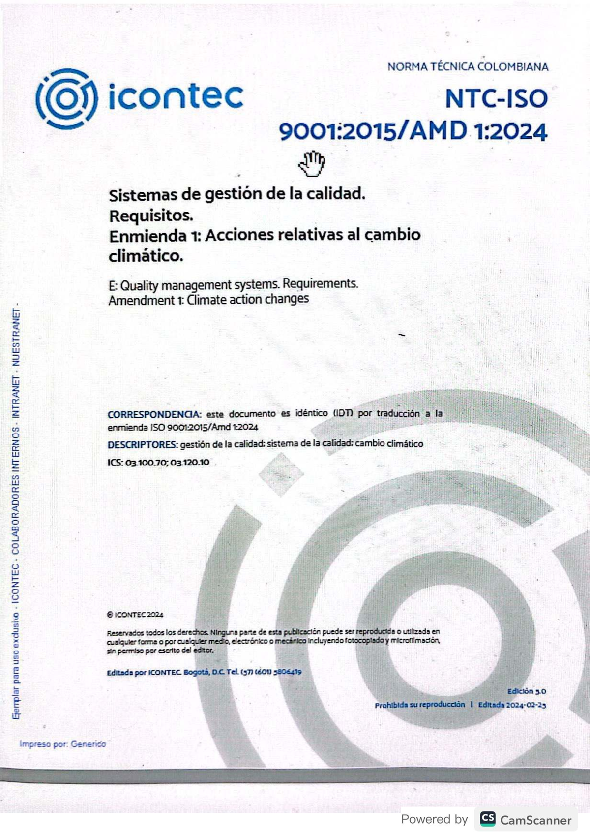 NTC ISO 9001:2015 AMD 1:2024 - Sistemas de Gestión de Calidad - Studocu