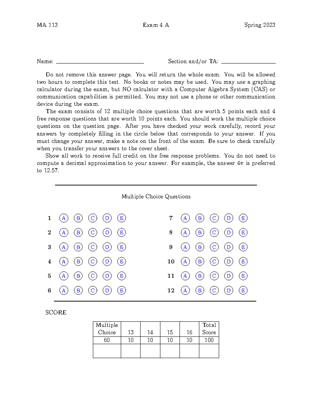 MA 113 Final Exam 4 A Practice - Spring 2023 - Studocu