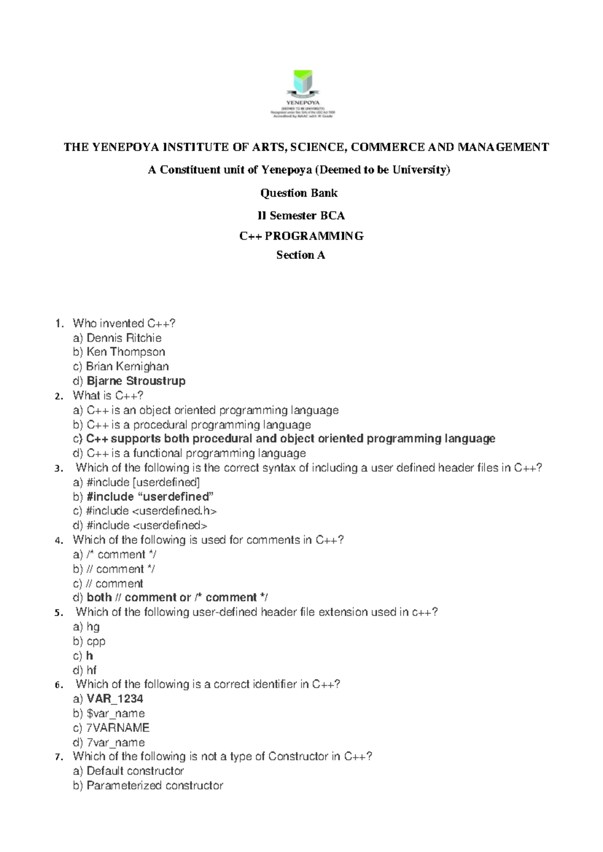C++ Programming Question Bank for II Semester BCA - Studocu