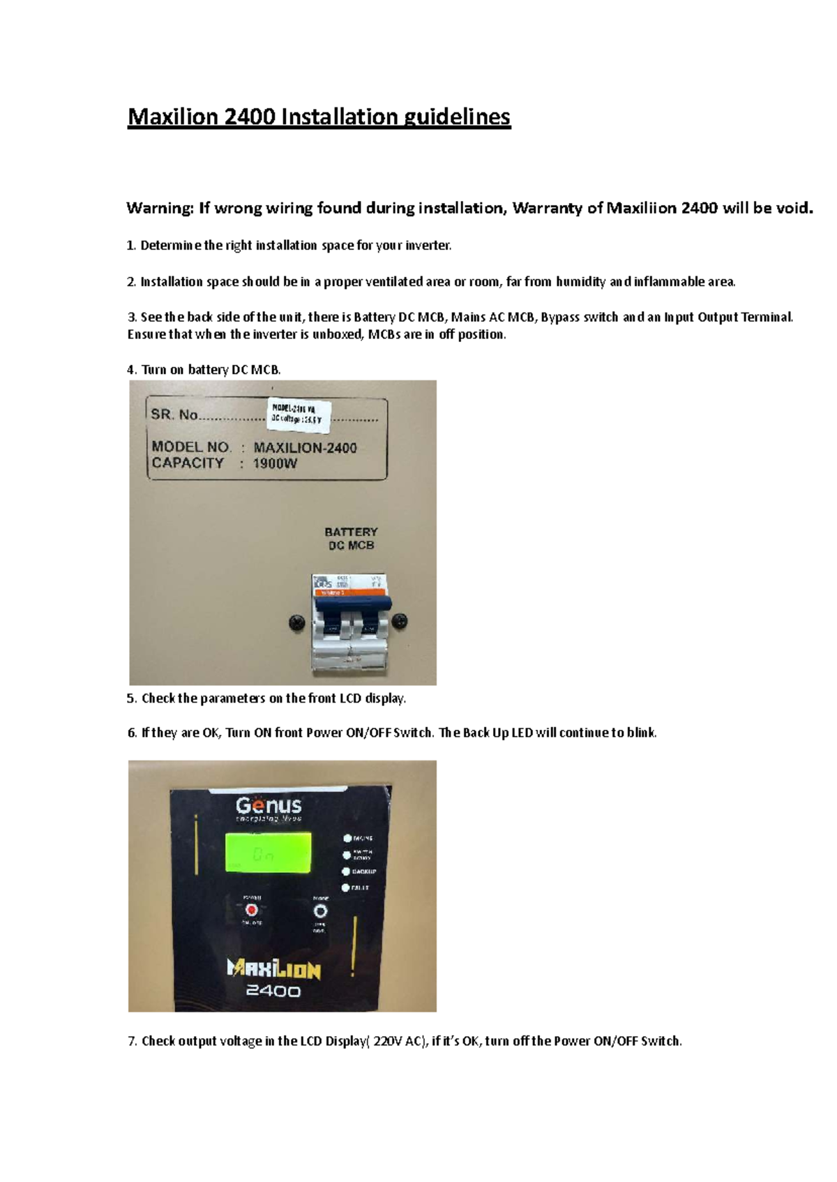 Maxilion 2400 Installation Guidelines: Important Wiring Warnings - Studocu