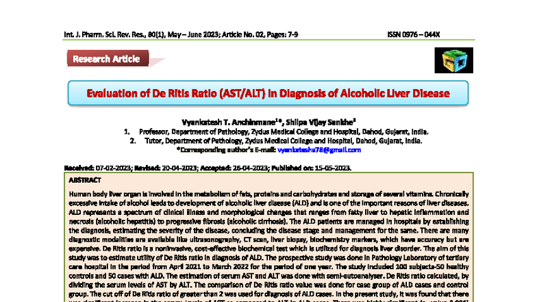 Evaluation of De Ritis Ratio in Alcoholic Liver Disease - Research ...