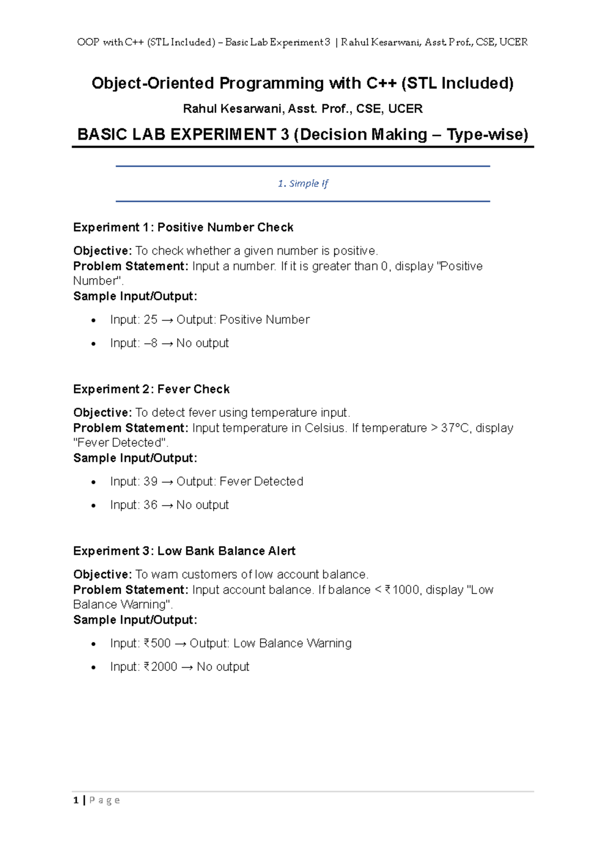 CSE Basic Lab Experiment 3: Decision Making in C (STL Included) - Studocu