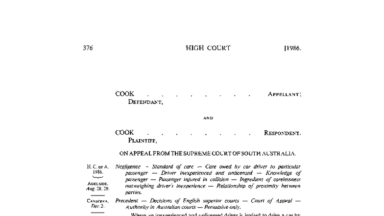 H.C. OF A. 1986. COOK v. COOK: Negligence & Standard of Care Analysis ...
