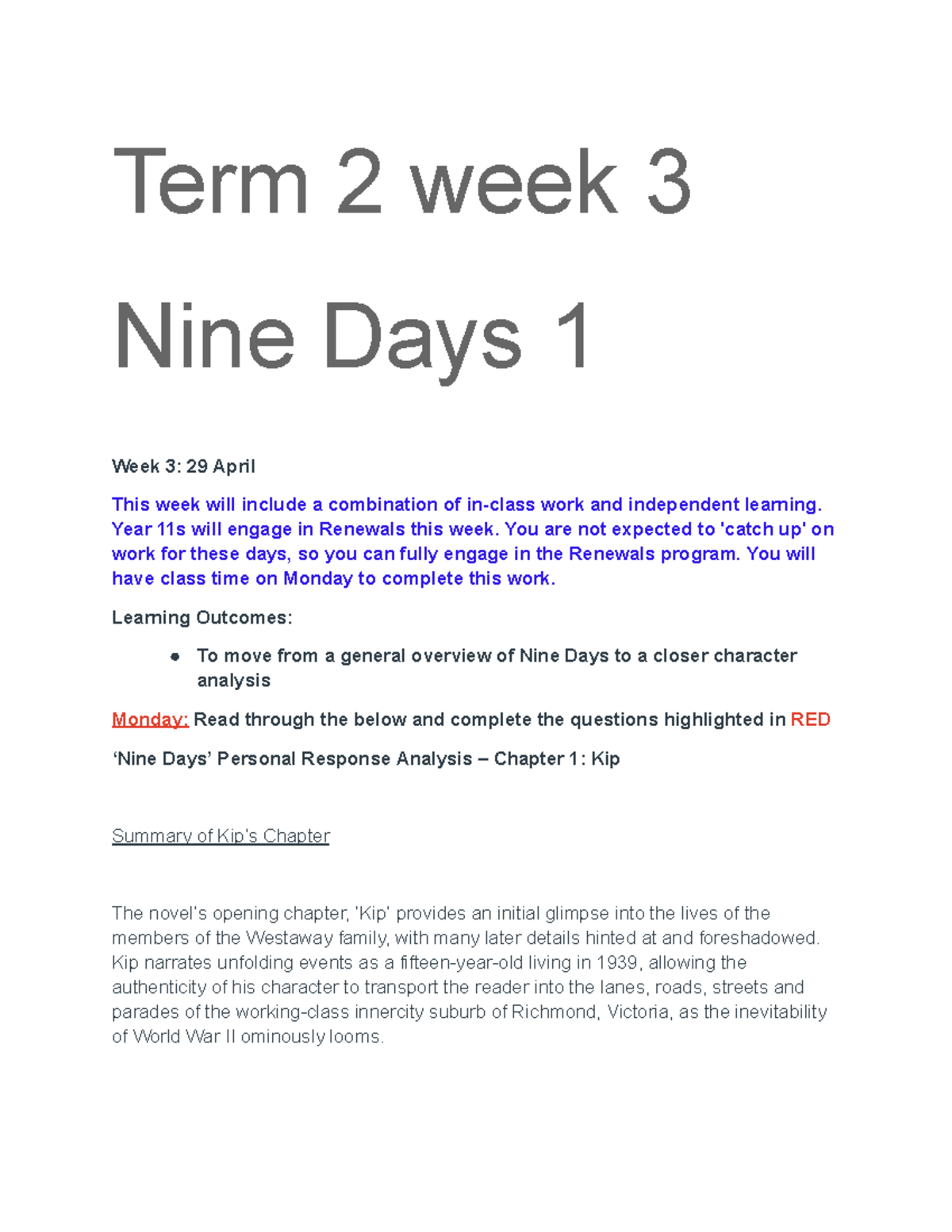 Nine days - math - Term 2 week 3 Nine Days 1 Week 3: 29 April This week ...