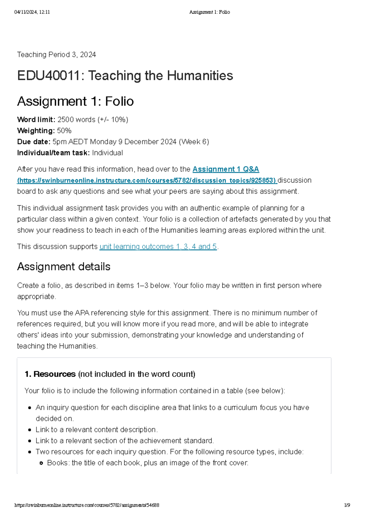 EDU40011: Assignment 1 Folio for Teaching the Humanities - Studocu