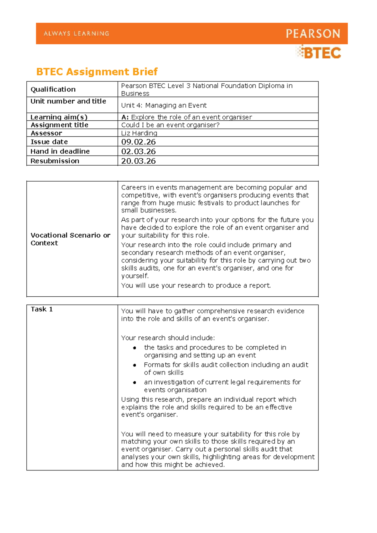BTEC Level 3 Assignment Brief: Exploring Event Organiser Role - Studocu