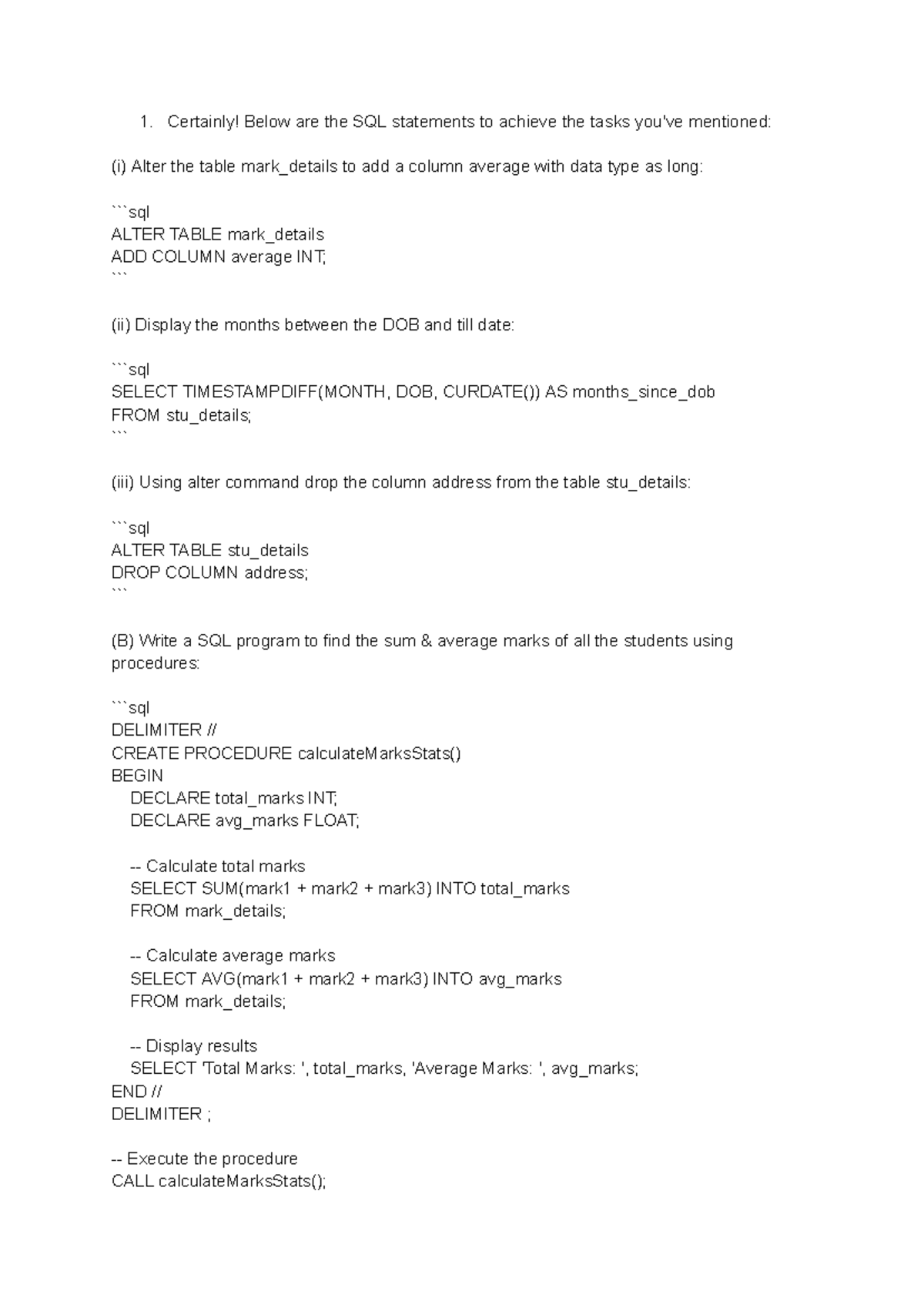 DBMS Lab Program Set 1 - SQL Statements and Procedures - Studocu
