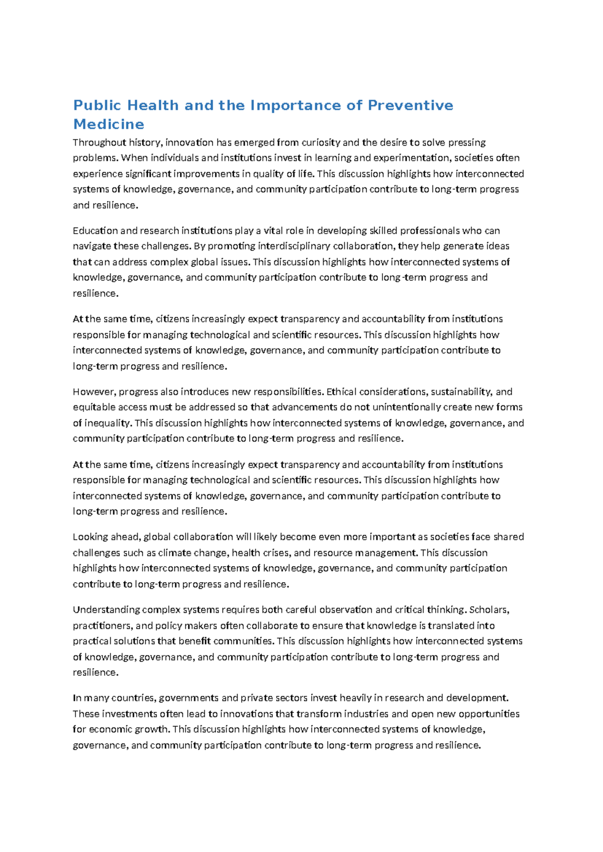 Public Health (PH 101): The Role of Preventive Medicine in Society ...