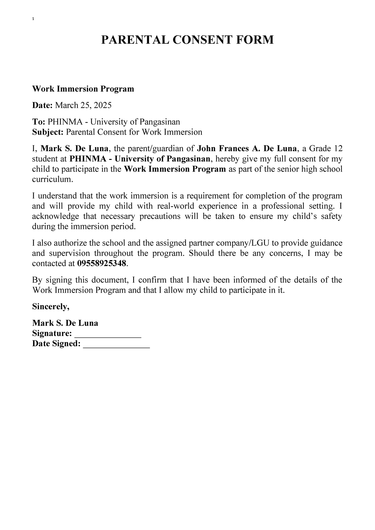 Parental Consent Form for Work Immersion Program - Grade 12 - Studocu