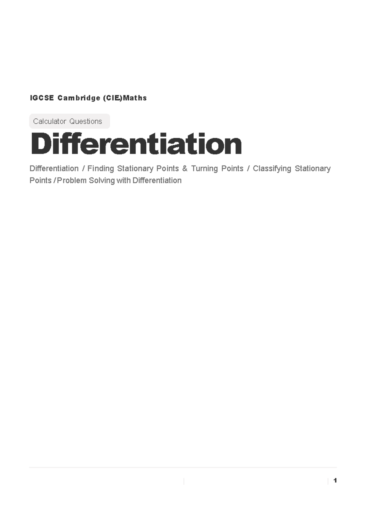 IGCSE Maths Differentiation Worksheet: Calculations & Problem Solving ...