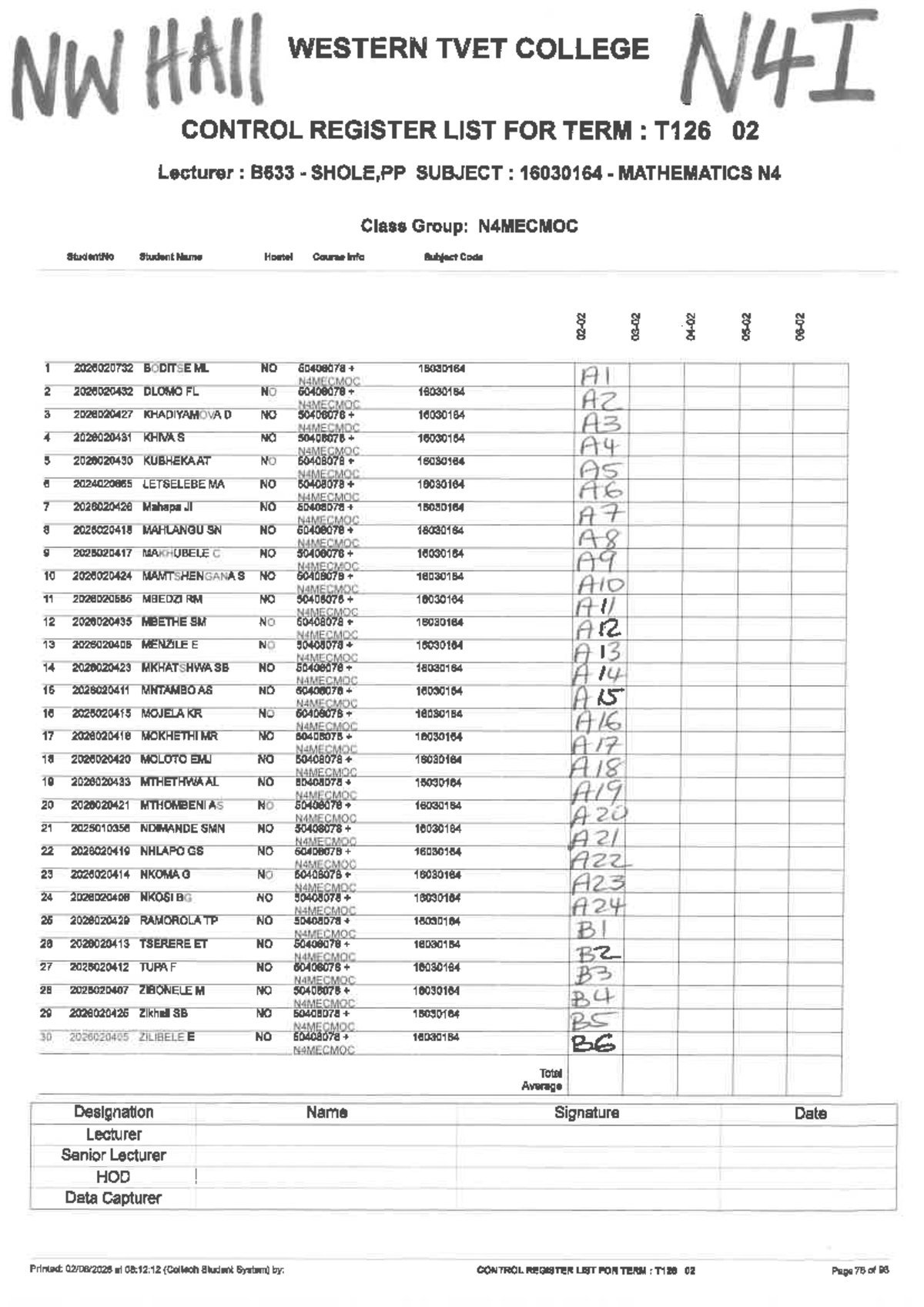 Mathematics N4 Control Register List for Term T126 02 - Studocu