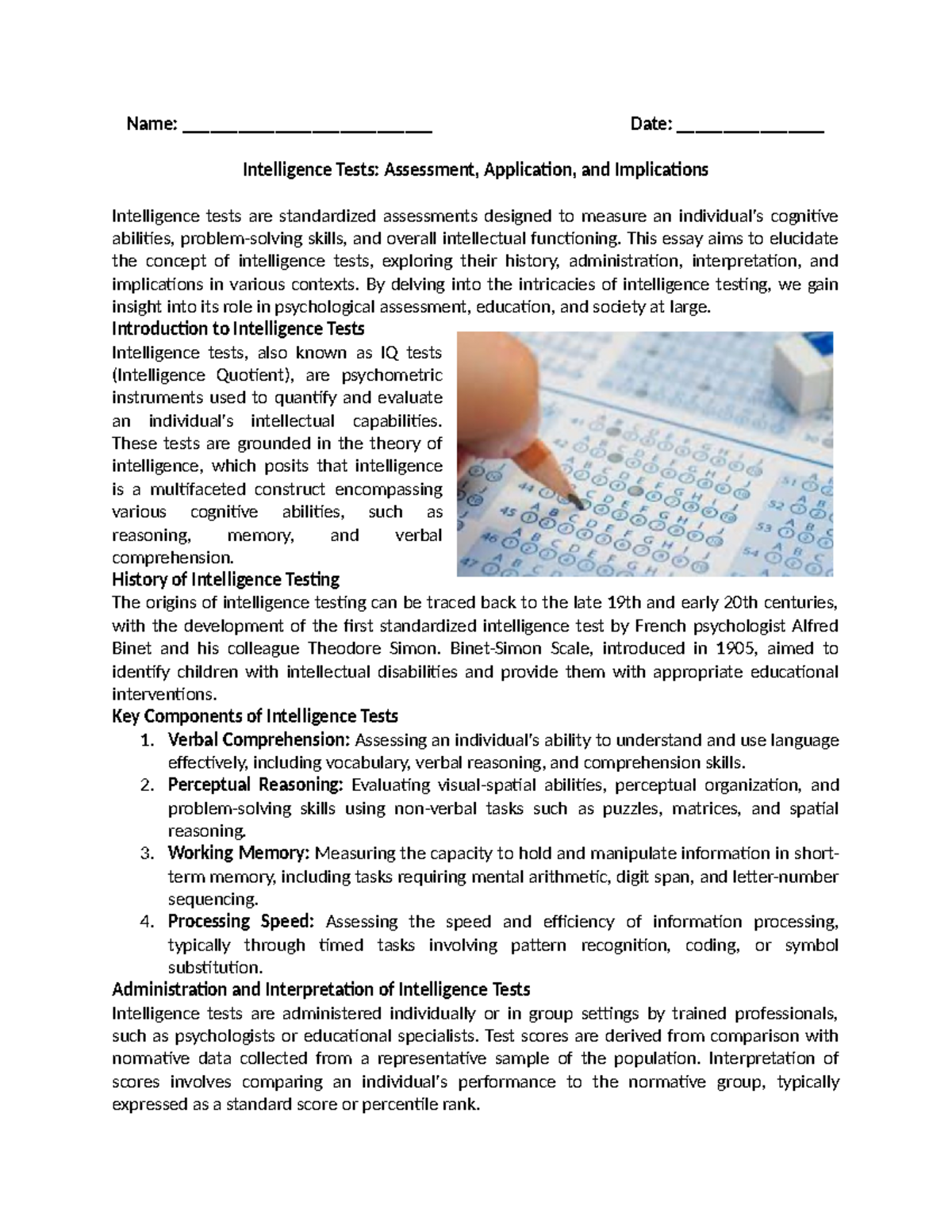 PSY 101: Intelligence Tests in Psychology - Reading Passage Summary ...