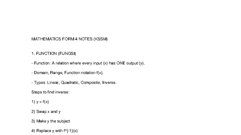 MATHEMATICS FORM 4 NOTES (KSSM) ON FUNCTIONS AND SETS - Studocu