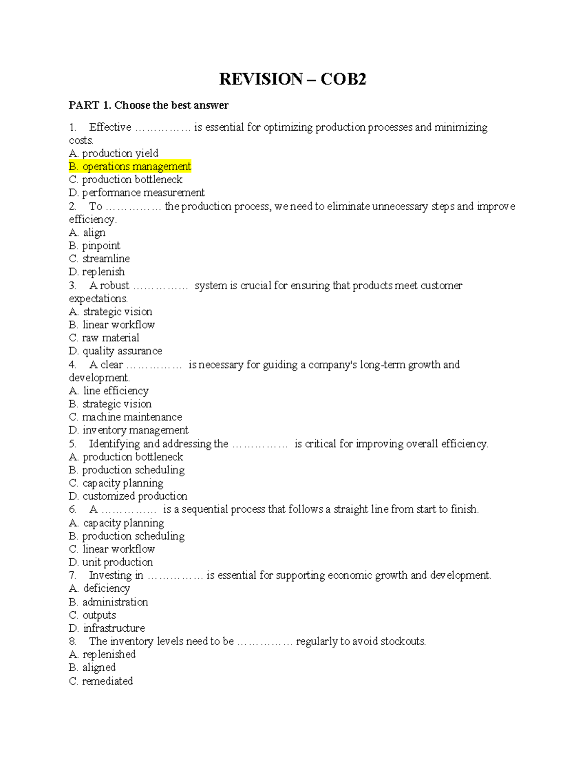 Revision Notes for COB2: Part 1 & 2 Exam Preparation - Studocu