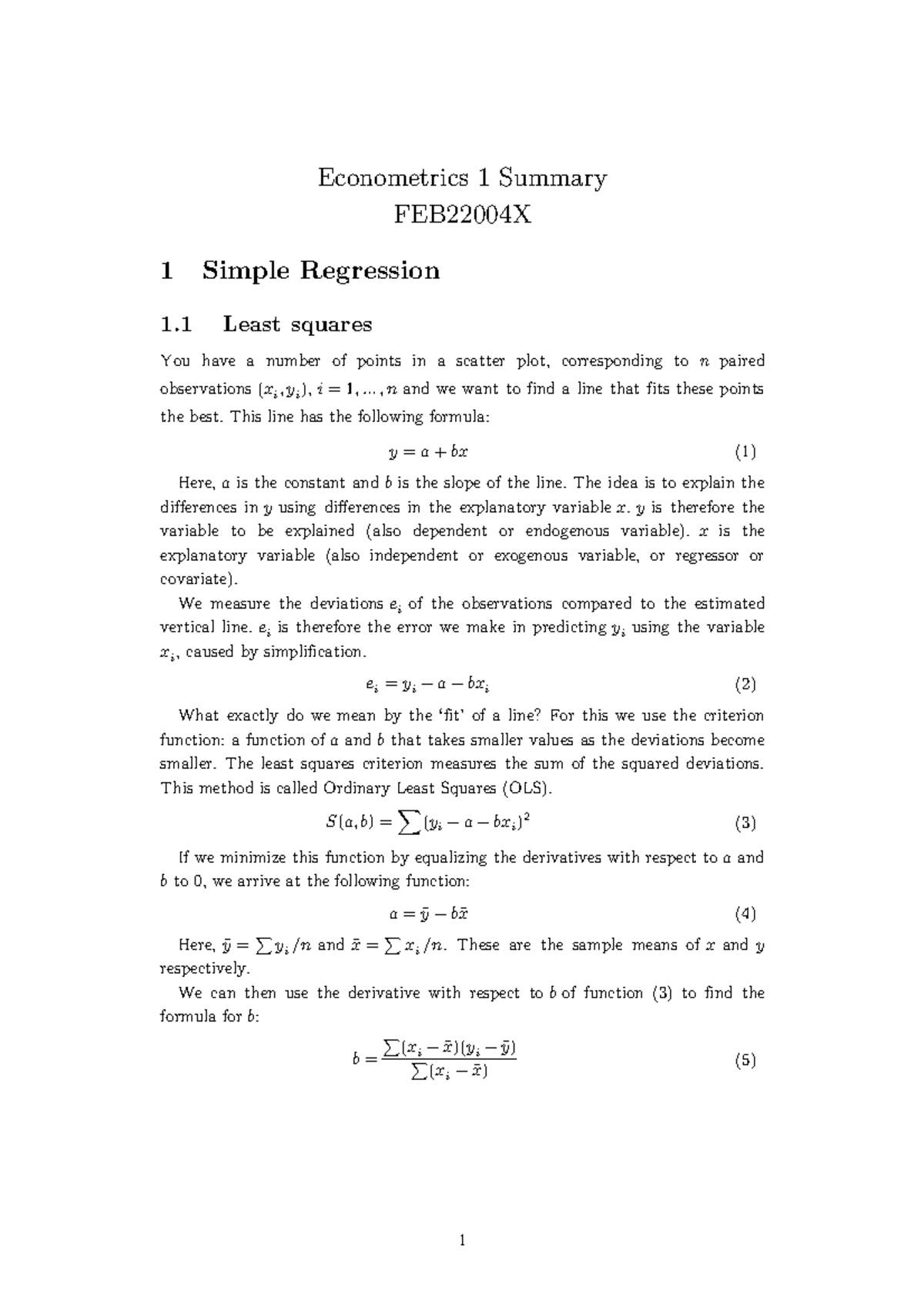 Econometrics 1 Summary - FEB22004X Key Concepts and Formulas - Studeersnel