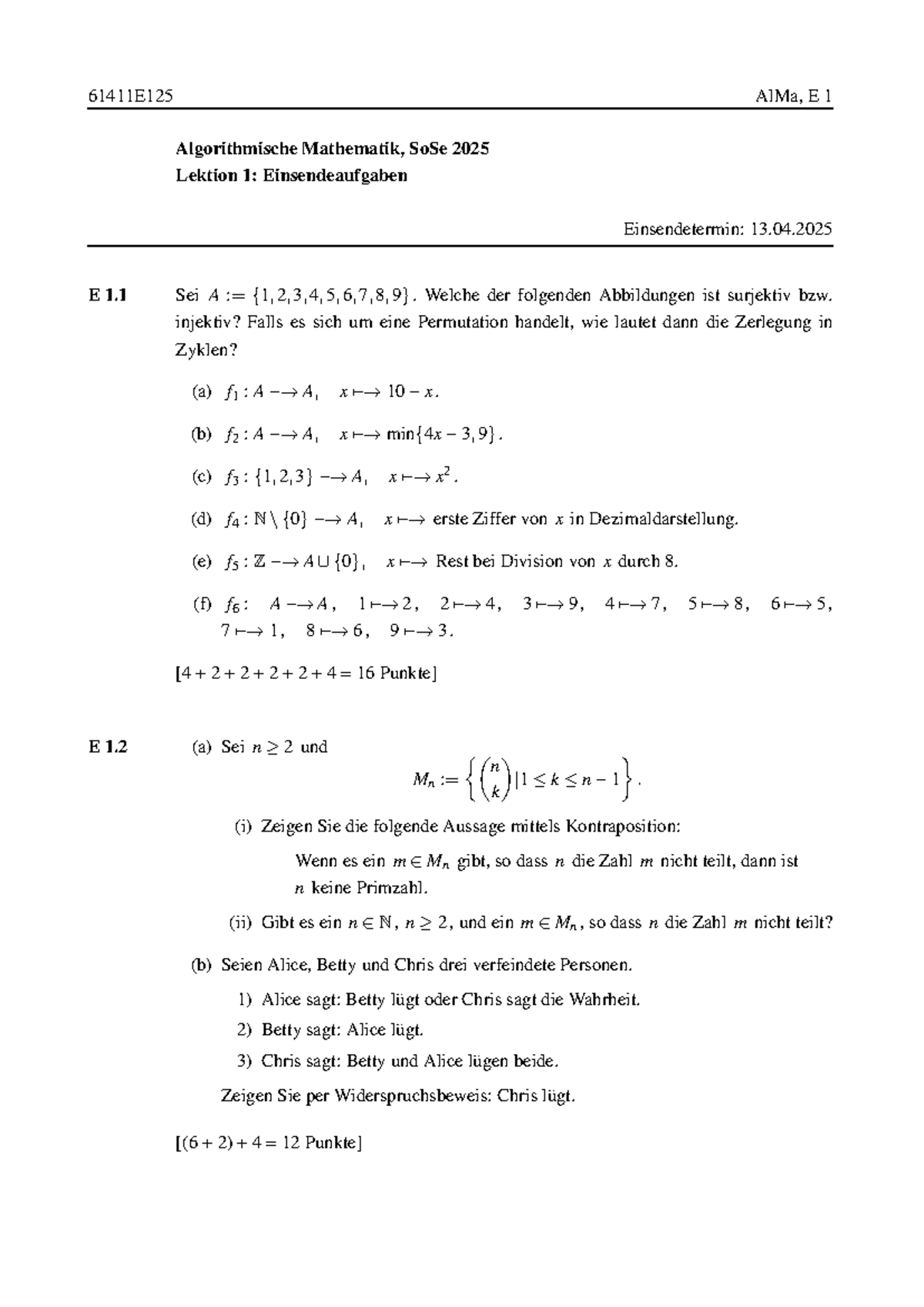 61411E125 AlMa, E 1 Algorithmische Mathematik SoSe 2025 Lektion 1 ...