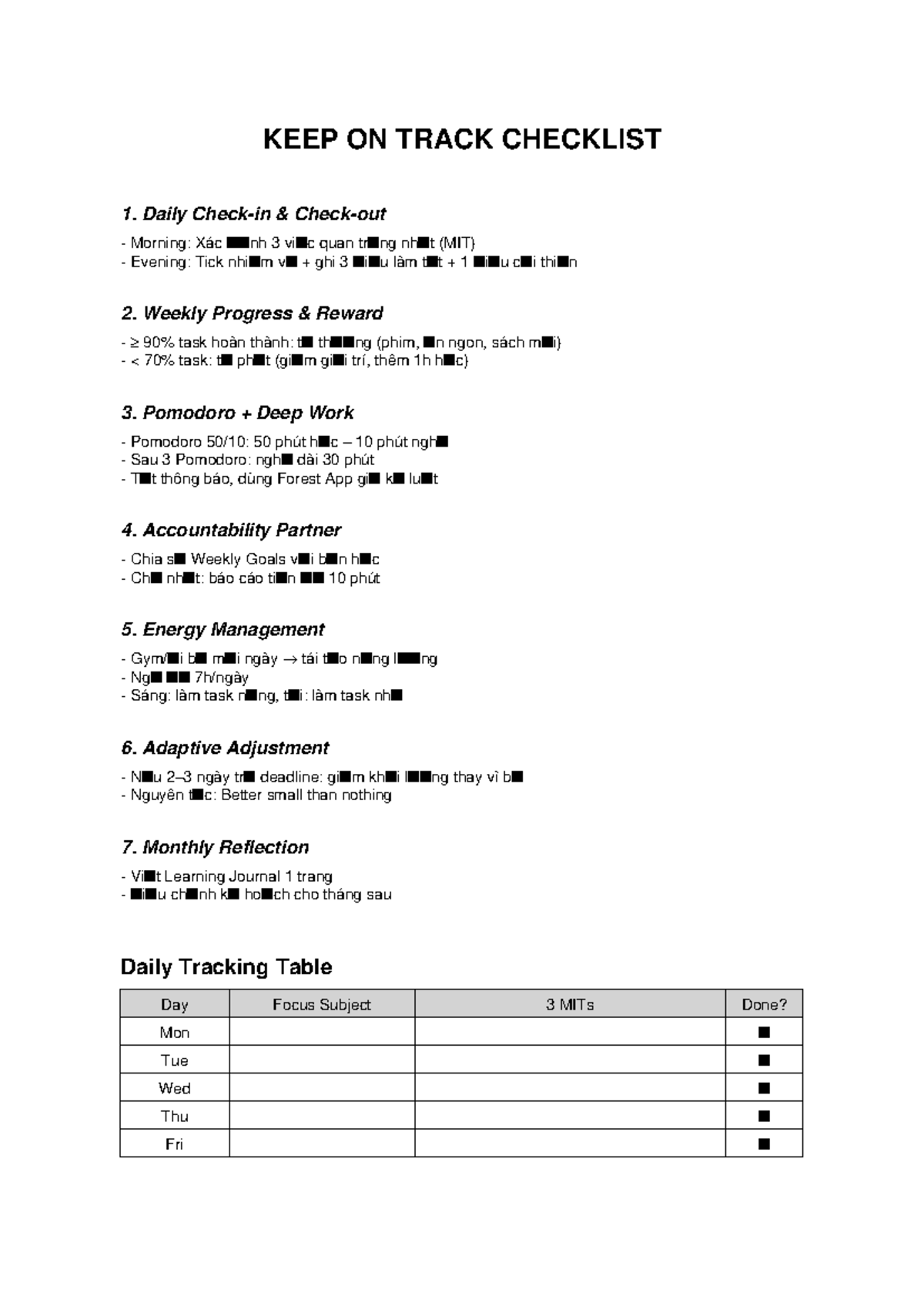 KEEP ON TRACK CHECKLIST: Daily & Weekly Progress Guide - Studocu