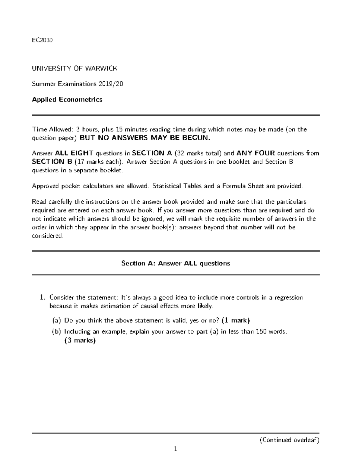 EC203 Applied Econometrics: Summer 2019 Practice Exam Papers - Studocu