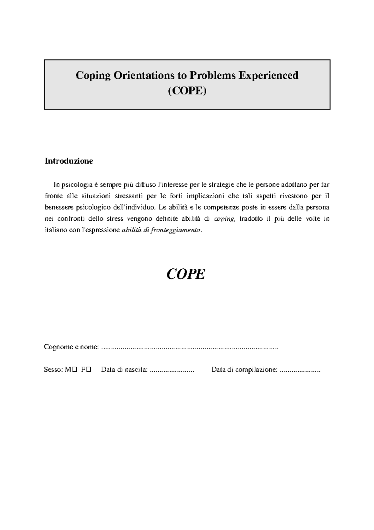 COPE Questionnaire + Scoring Guide for Stress Management Strategies ...