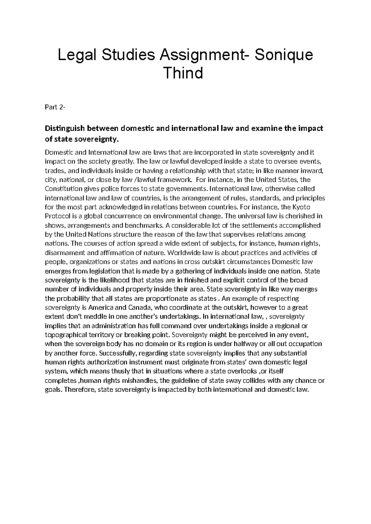 Legal Studies Assignment - Part 2: Domestic vs. International Law and ...