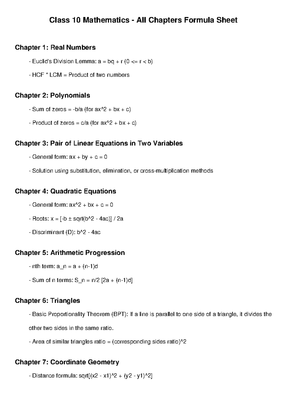 Class 10 Maths Formula Sheet - Comprehensive Coverage - Studocu