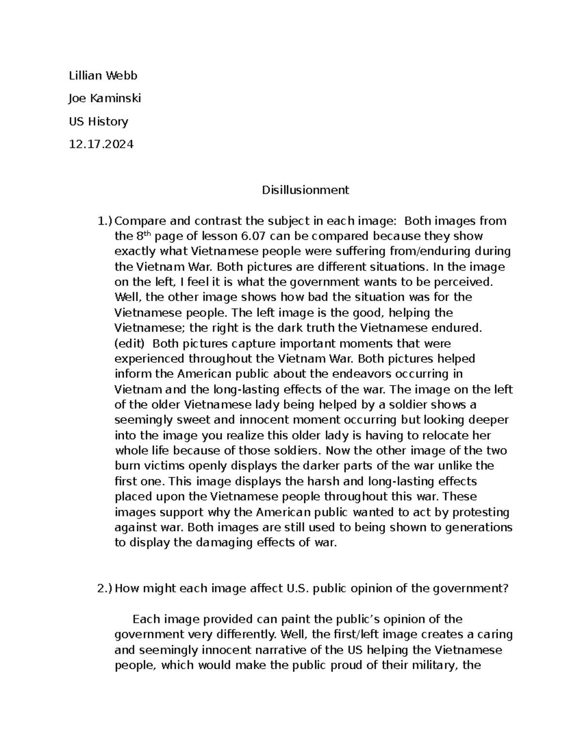 6.02 Disillusionment - Lillian Webb Joe Kaminski Us History 12 