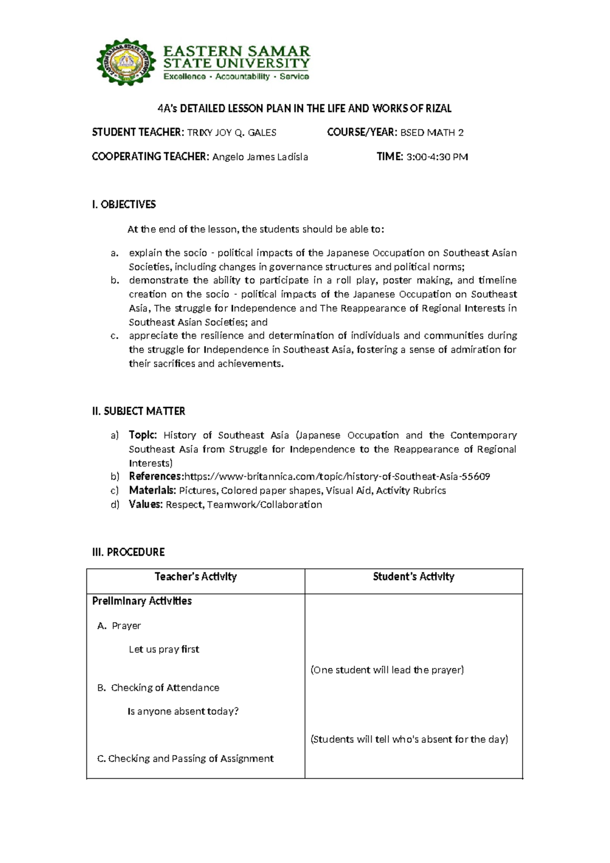 LP in Rizal - 4A's DETAILED LESSON PLAN IN THE LIFE AND WORKS OF RIZAL ...