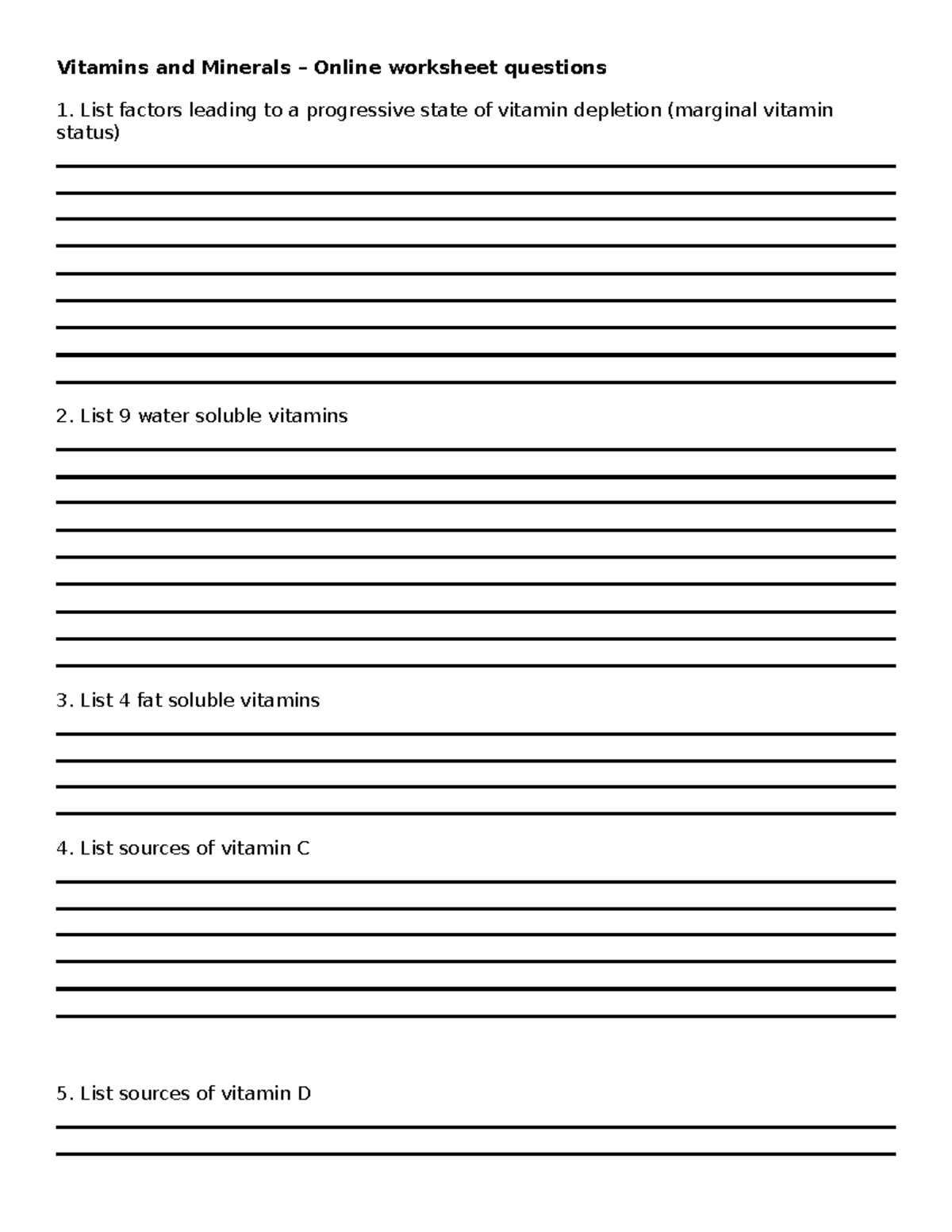 Vitamins and Minerals Worksheet Questions for Study - Studocu