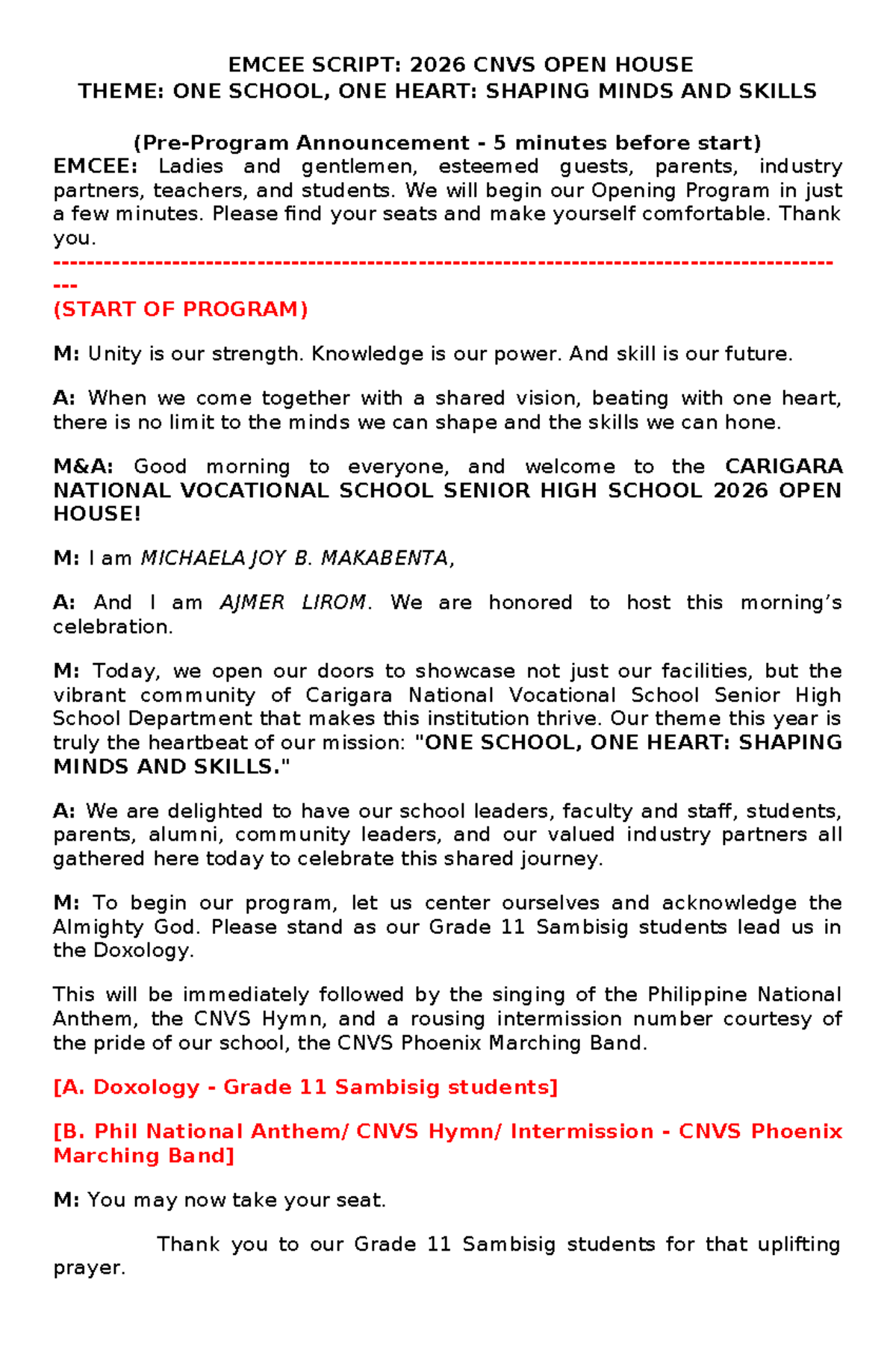 2026 CNVS OPEN HOUSE SCRIPT: ONE SCHOOL, ONE HEART Program Details ...